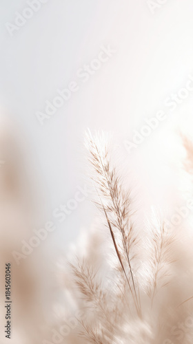 Soft beige pampas grass stalks in gentle backlight, airy minimal nature scene with warm glow