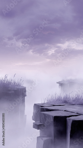 Misty cliff edge foggy landscape purple sky rocky plateau tall grass dramatic clouds