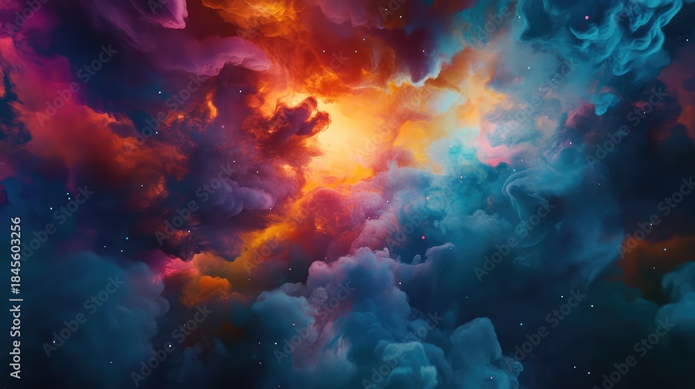 Obraz premium Cosmic nebula backdrop of glowing gas clouds and swirling stardust, vibrant blues and oranges, evoking space exploration, creation, and ethereal interstellar wonder