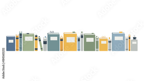 A neatly arranged horizontal line of diverse books of various sizes and colors, standing upright on a shelf, interspersed with notebooks and a small coffee cup, representing learning and leisure.