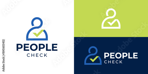 Creative simple check people logo template. Person, human with check mark logo design vector illustration.