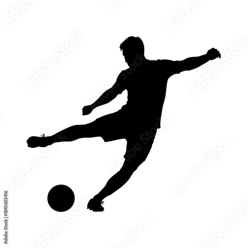 Dynamic silhouette of soccer player kicking ball with power and precision, perfect for sports marketing, fitness campaigns, and athletic achievements visuals