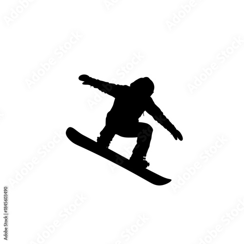 Dynamic snowboarder silhouette soaring through the air, perfect for winter sports promotions, action-packed visuals, and adventurous lifestyle brands