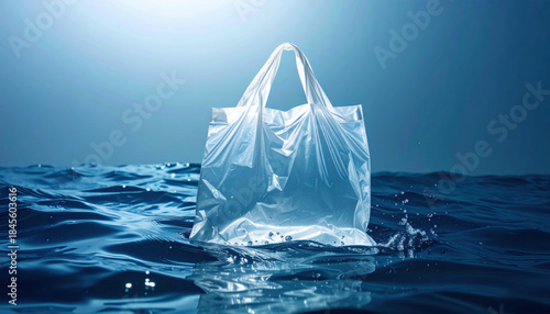 Transparent disposable plastic bag floating in deep blue ocean water. symbol of waste and environmental pollution, this evokes somber feeling about our planet