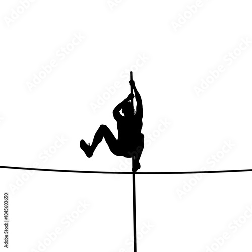 Dynamic silhouette of an athlete performing a daring tightrope act, showcasing strength, balance, and precision against a stark white background for powerful impact