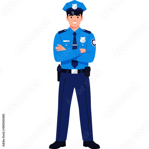Happy police officer in blue uniform standing proudly with arms crossed