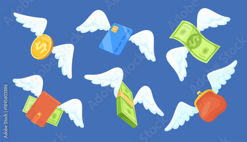 Money wings. Dollar bill banknote, credit card purse gold coin with wing flying gone loss finances spending money concept cash flight lavish investment set neat vector illustration