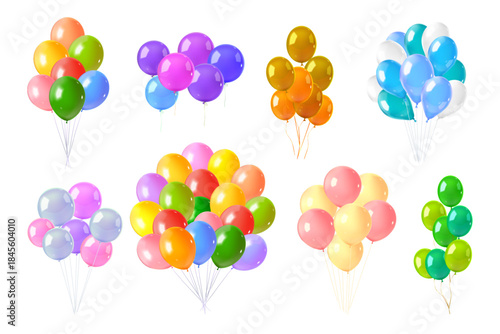 Realistic balloons bunch. Realistic celebration helium balloon with string ribbons, colorful air ball bunches for birthday party festive event decoration, exact vector illustration