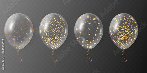 Realistic transparent balloons. Clear ballon with golden glitters inside, birthday party celebration holiday event luxury decoration gold glitter confetti exact vector illustration