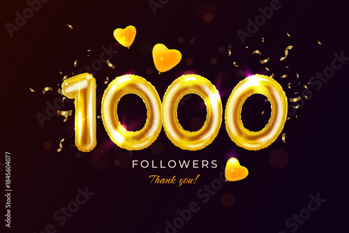 Followers balloons banner. 1k follower celebration poster, realistic balloon 1000 number social media achievement post festive decoration design template, exact vector illustration