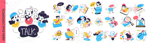 People conversation technology. Friends talk dialog, online chat social media network speech public community teamwork internet video meeting group call classy vector illustration