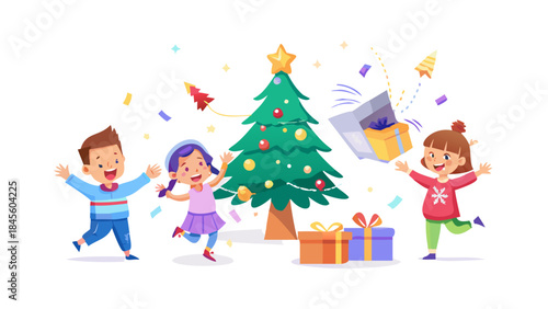 Happy cartoon kids tearing open colorful gift boxes under a glowing Christmas tree, wrapping paper flying, joyful morning excitement