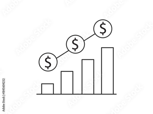 A black and white line graph with dollar signs and increasing bars