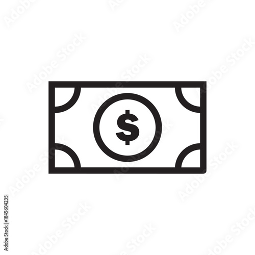 A simple black line drawing of a dollar bill icon with a dollar sign in the center