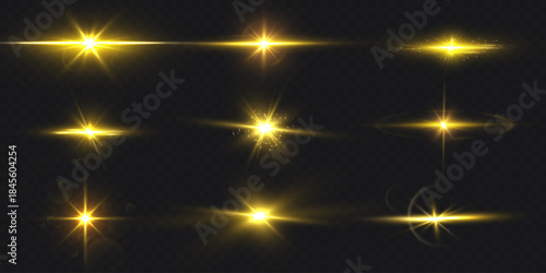 Vector set of star burst, yellow, with light effect, rays, glare and shimmering particles.