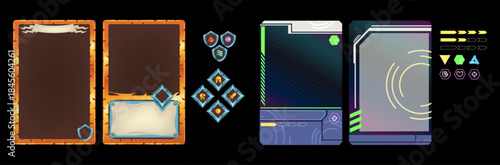 Game trading card. Cartoon tcg cards magic gaming player gold frame design template 2d casual rpg character skills rate info or board game gathering, classy vector illustration