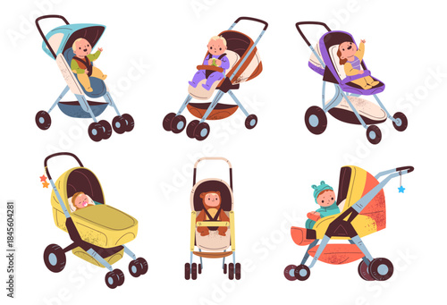 Children in pushchairs. Cartoon kids on baby stroller, comfort carriage kid travel pram cart, cute toddler boy girl seat child buggy strollers trolley classy vector illustration