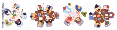 Brainstorm top view. Students work above table together, teamwork around desk business meeting conference office team study discuss sitting people tables classy vector illustration