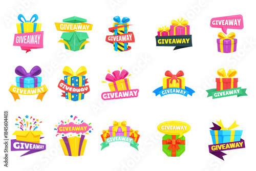 Cartoon giveaway boxes. Give away win prize, mystery gift box contest winner logo poster raffle banner competition reward surprise promotion design, set kicky vector illustration