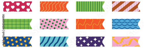 Japanese washi tape set, cute scrapbook masking paper strips, decorative craft scotch and frames with textured patterns, vector illustration on white background for creative projects.