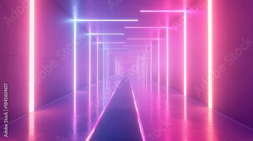 Fototapeta Naklejka Na Ścianę i Meble -  Empty geometric tunnel extending into the distance, featuring luminous neon light strips reflecting on the glossy floor, creating a vibrant, abstract, and futuristic perspective for digital concepts