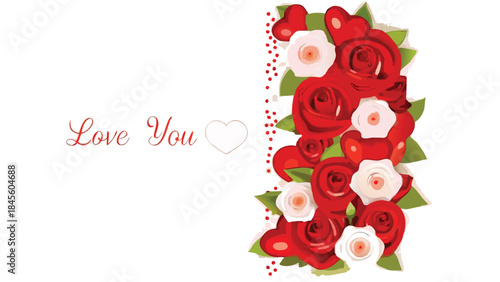 Flat illustration of a beautiful red and white rose bouquet with green leaves and decorative hearts on a white background with love you text