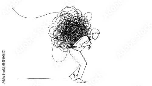 A man carries a huge, dense, chaotic ball of tangled lines strapped to his back, depicted in a continuous line style, symbolizing a heavy emotional or responsibility burden.