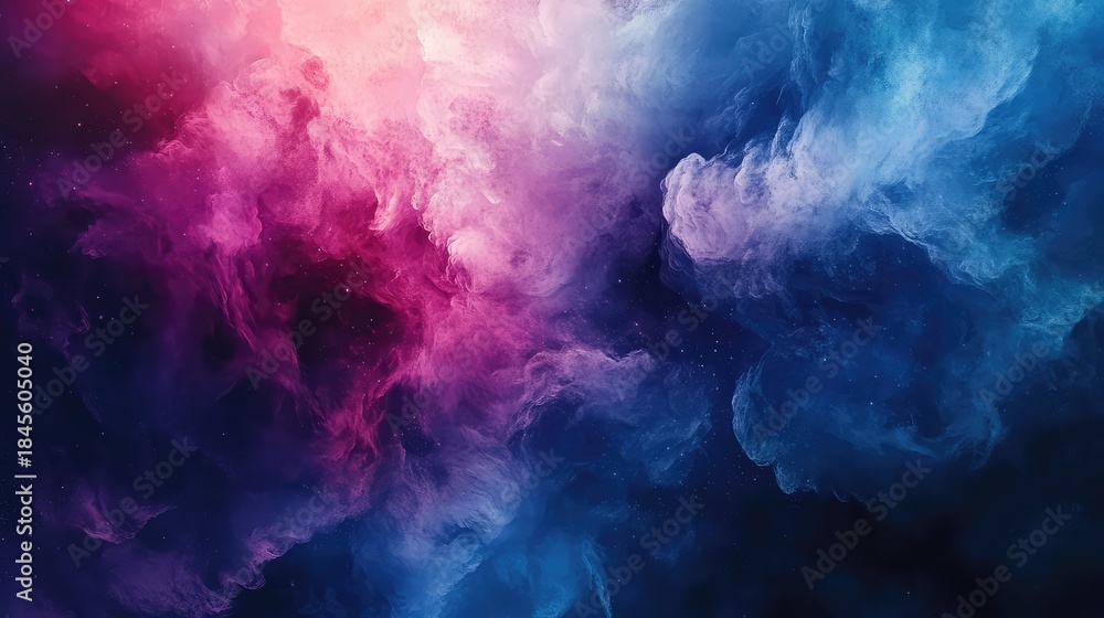 Obraz premium Nebula like colorful gas and dust clouds creating an abstract background with scattered stars, depicting the vastness of space and cosmic beauty through vibrant pink, purple, and blue hues