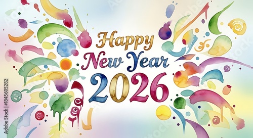 Happy new year 2026 with colorful watercolor splashes background.