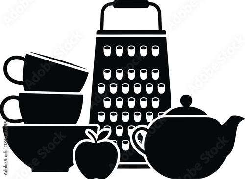 Kitchen Silhouette Vector Featuring Teacups in Bowl, Grater, Teapot, and Apple in Black Minimalist Composition.