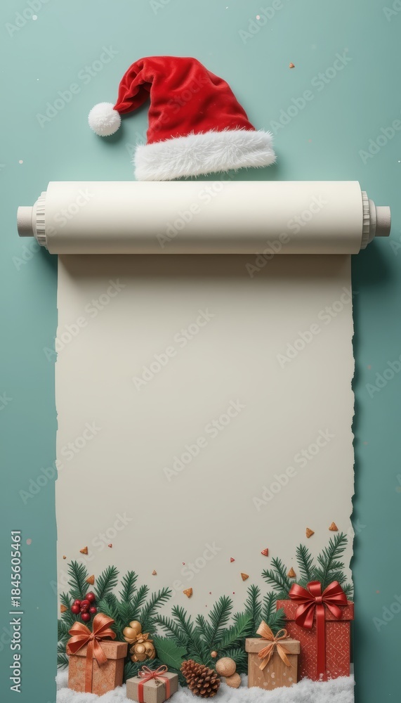 Fototapeta premium Scroll or parchment poster hung on a blue wall with a Santa hat and small gifts at bottom.