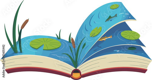 Open book transforming into pond landscape, nature education, learning story, reading magic, environmental knowledge