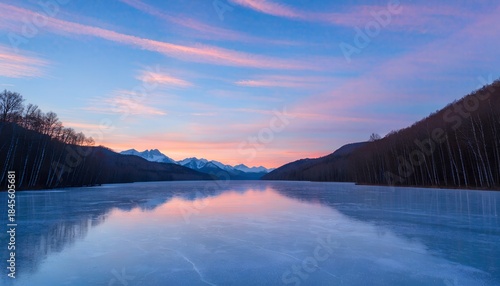 The composition is beautifully symmetrical, with two parallel rows of tall, slender, leafless trees lining the shores.