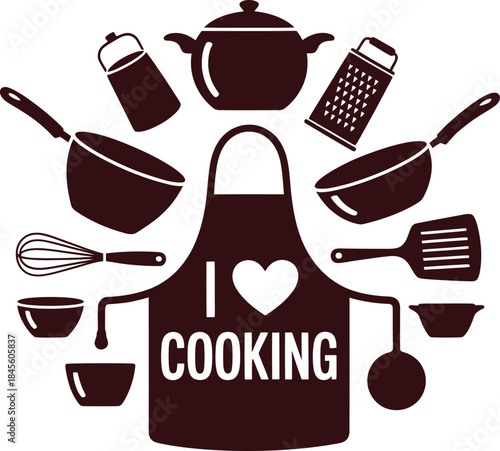 I Love Cooking Vector with Apron and Kitchen Utensils Including Teapot, Whisk, Spatula, Frying Pan, and Mixing Bowls.