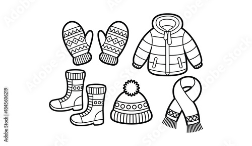 Cozy winter clothing set with jacket mittens boots hat and scarf