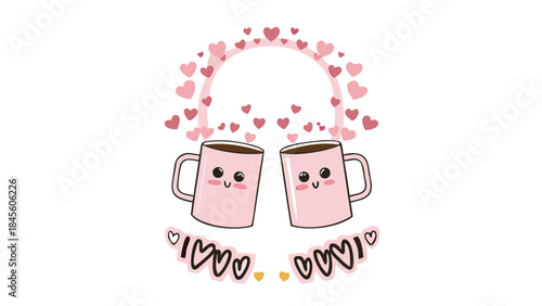 Two cute pink mugs with smiling faces surrounded by hearts and love symbols on a white background, ideal for valentine's day or romantic