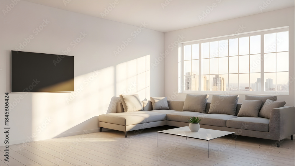 Fototapeta premium Bright modern living room interior, 3D render, white walls, modern sofa, large windows, realistic lighting, professional interior stock photography