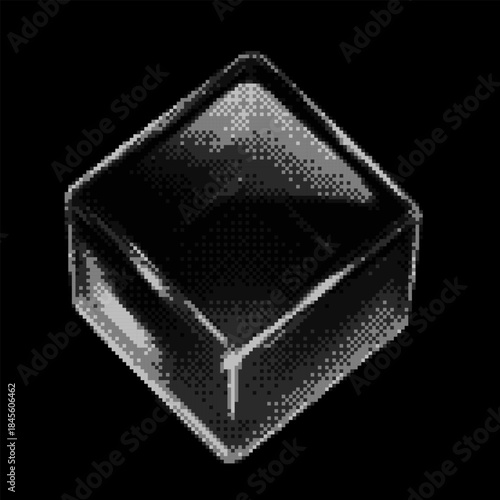 Monochrome transparent glossy crystal cube with light glare pixel art, vector retro 8 bit videogame 3D glass square cube