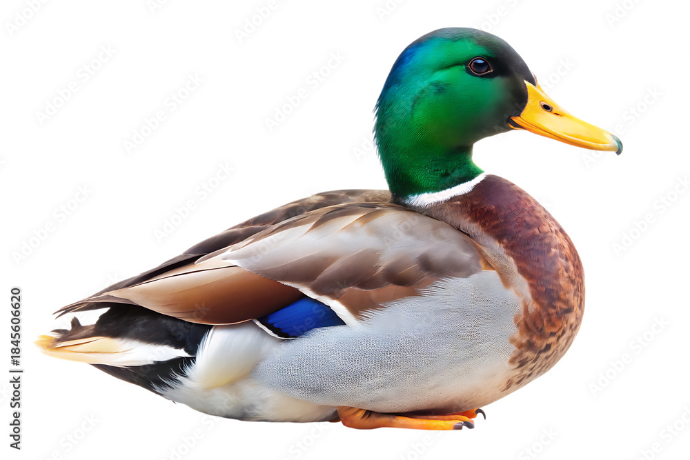 Obraz premium Mallard Duck, Realistic Male Drake Waterfowl Illustration, cutout, PNG, isolated on white background, AI