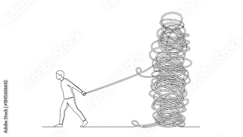 A man in a continuous line art style attempting to pull a massive, vertical, cylindrical stack of tangled lines, symbolizing a heavy, overwhelming, or immovable burden or task.