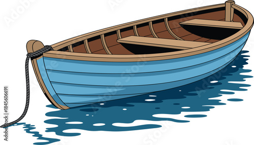 Blue wooden rowboat floating on water, classic fishing skiff, nautical transport, lake relaxation, seaside vector