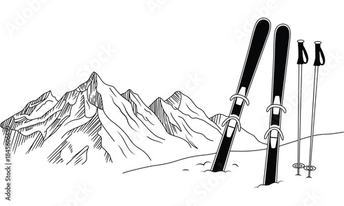 Ski Equipment and Poles Against Mountain Landscape Illustration