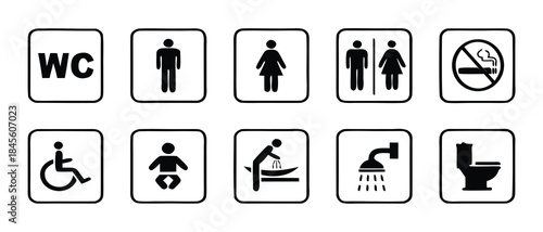 Toilet icon set. WC sign. Washroom, male, female, unisex accessible, baby changing table room, shower, handicap, No smoking symbol. Public bathroom pictogram. Transparent png and vector illustration.