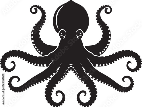 Bold black octopus silhouette with curling tentacles against a stark white background