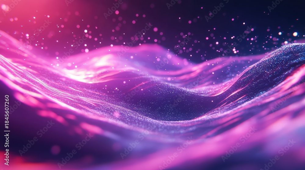 Fototapeta premium Digital particles forming an vibrant energy wave and creating a luminous, dynamic abstract background with glowing bokeh illustrating data flow, network connection, or futuristic technology