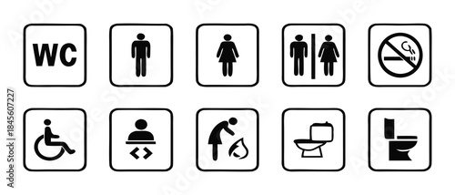 Toilet icon set. WC sign. Washroom, male, female, unisex accessible, baby changing table room, shower, handicap, No smoking symbol. Public bathroom pictogram. Transparent png and vector illustration.