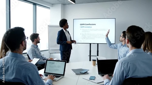 Black Businesswoman Leading Data Privacy Presentation to Diverse Team