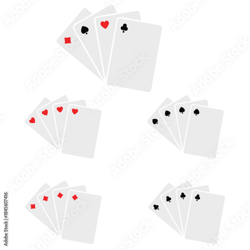 Fanned playing card hands showing mixed suits. Red and black hearts, diamonds, clubs, and spades appear on clean white cards. Perfect for poker graphics, casino themes, and card game illustrations.