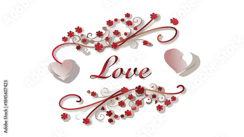 A flat romantic composition showing decorative red flowers and hearts on white background with love word in elegant cursive font