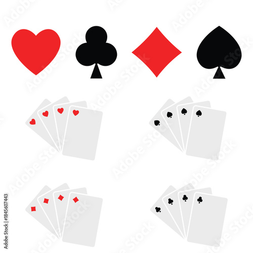 Playing card suit symbols with fanned card hands. Hearts, clubs, diamonds, and spades appear in red and black styles. Ideal for poker visuals, casino themes, and card game graphics.